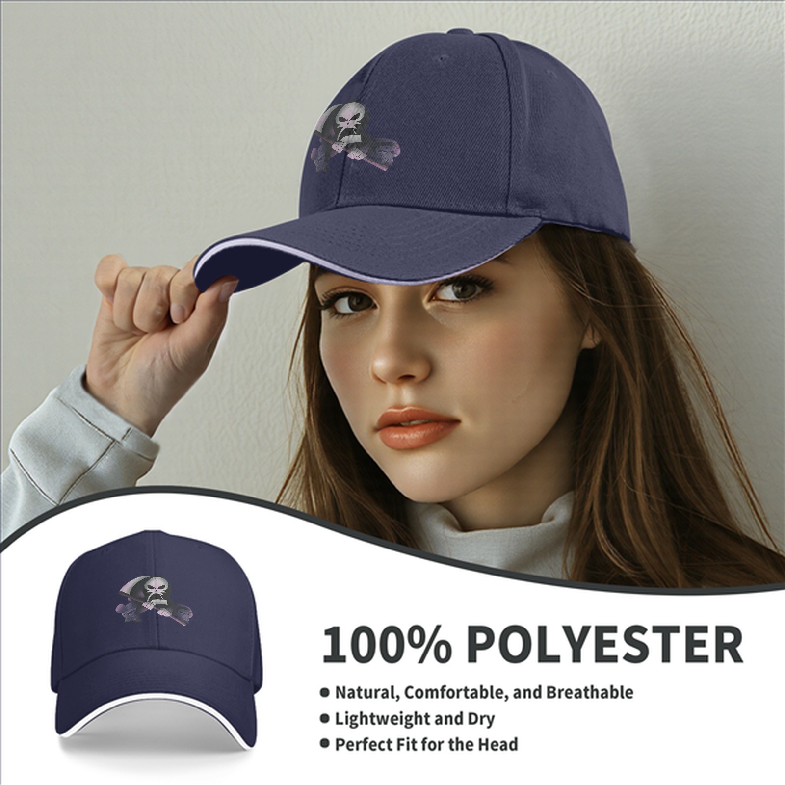 Black Baseball Cap With Grim Reaper Graphic Print