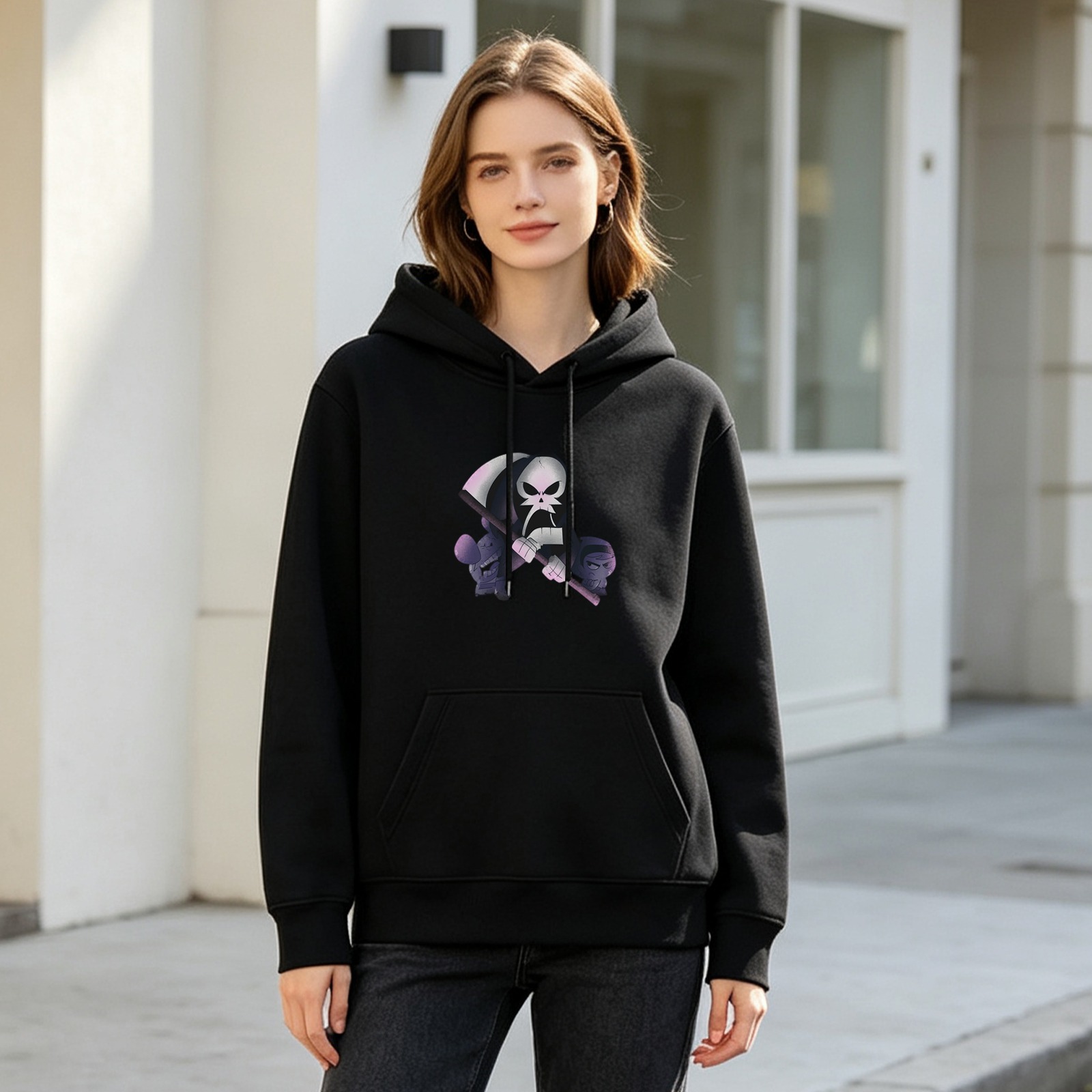 Black hoodie with cartoon grim reaper graphic print