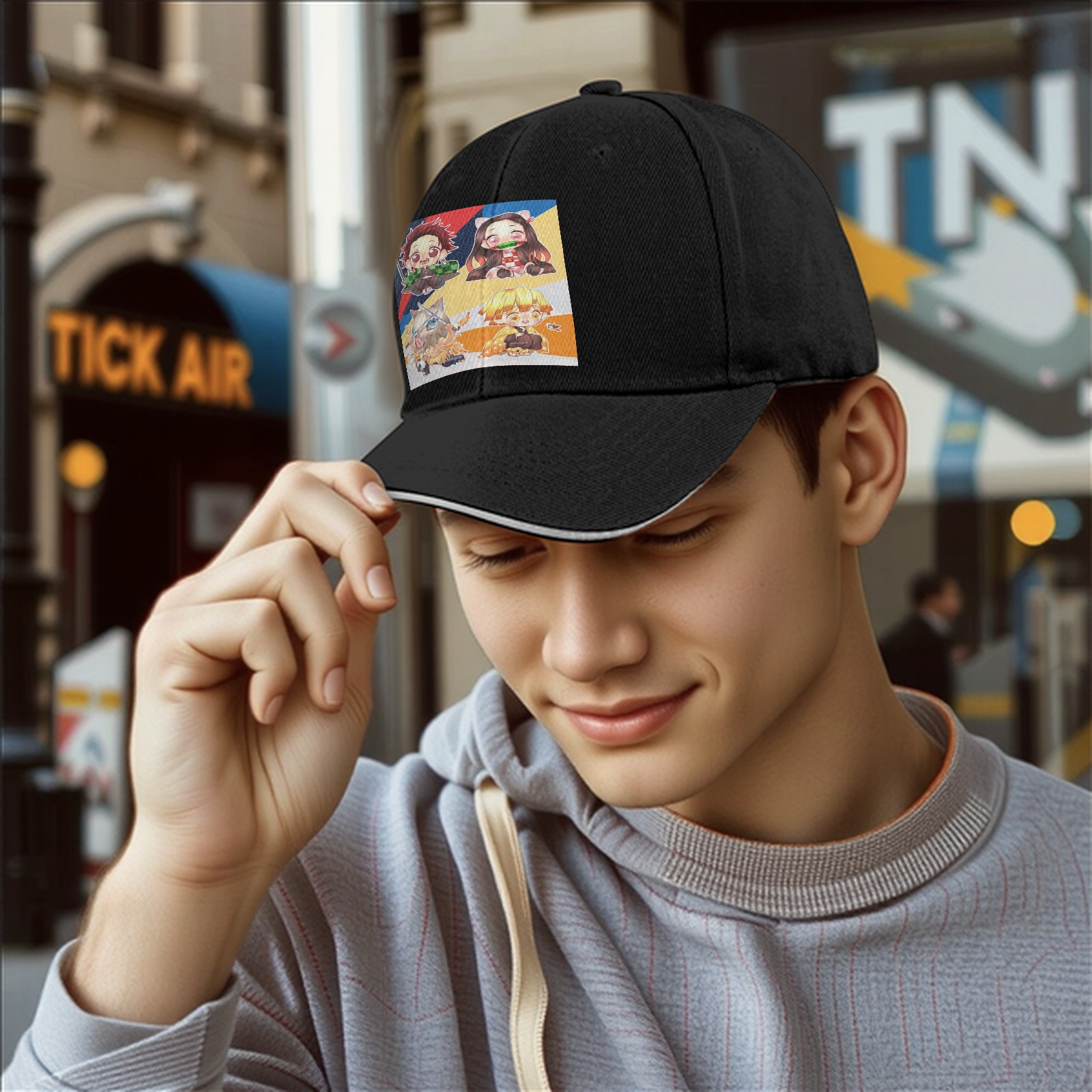 Black Baseball Cap with Chibi Demon Slayer Characters Print
