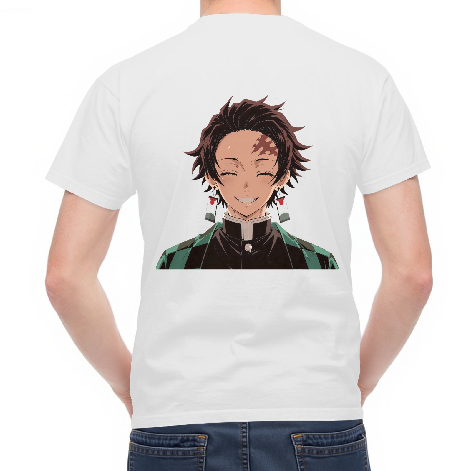 White T-shirt with Demon Slayer Tanjiro Kamado Smiling Graphic Print on Back