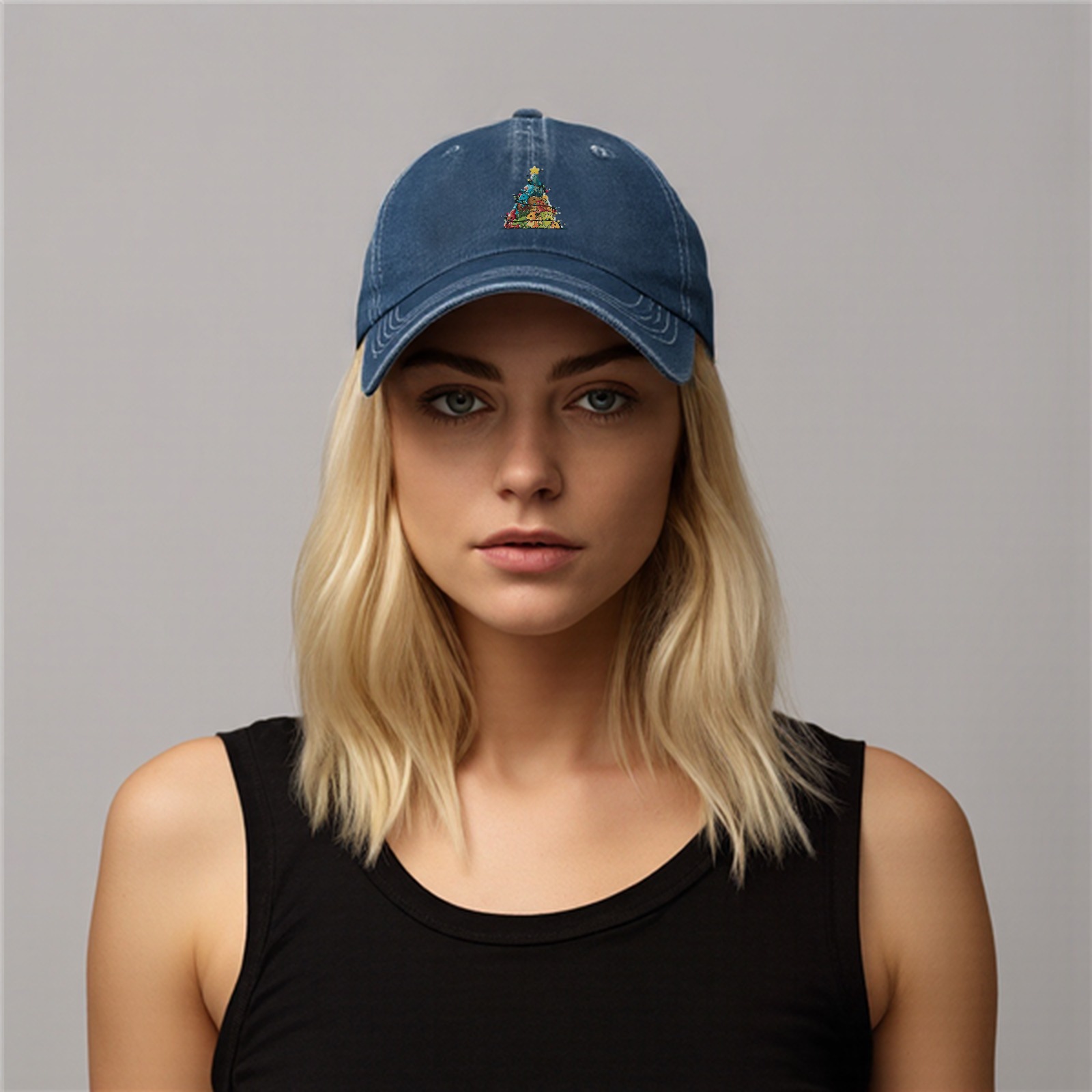 Washed Black Baseball Cap With Dinosaur Christmas Tree Print