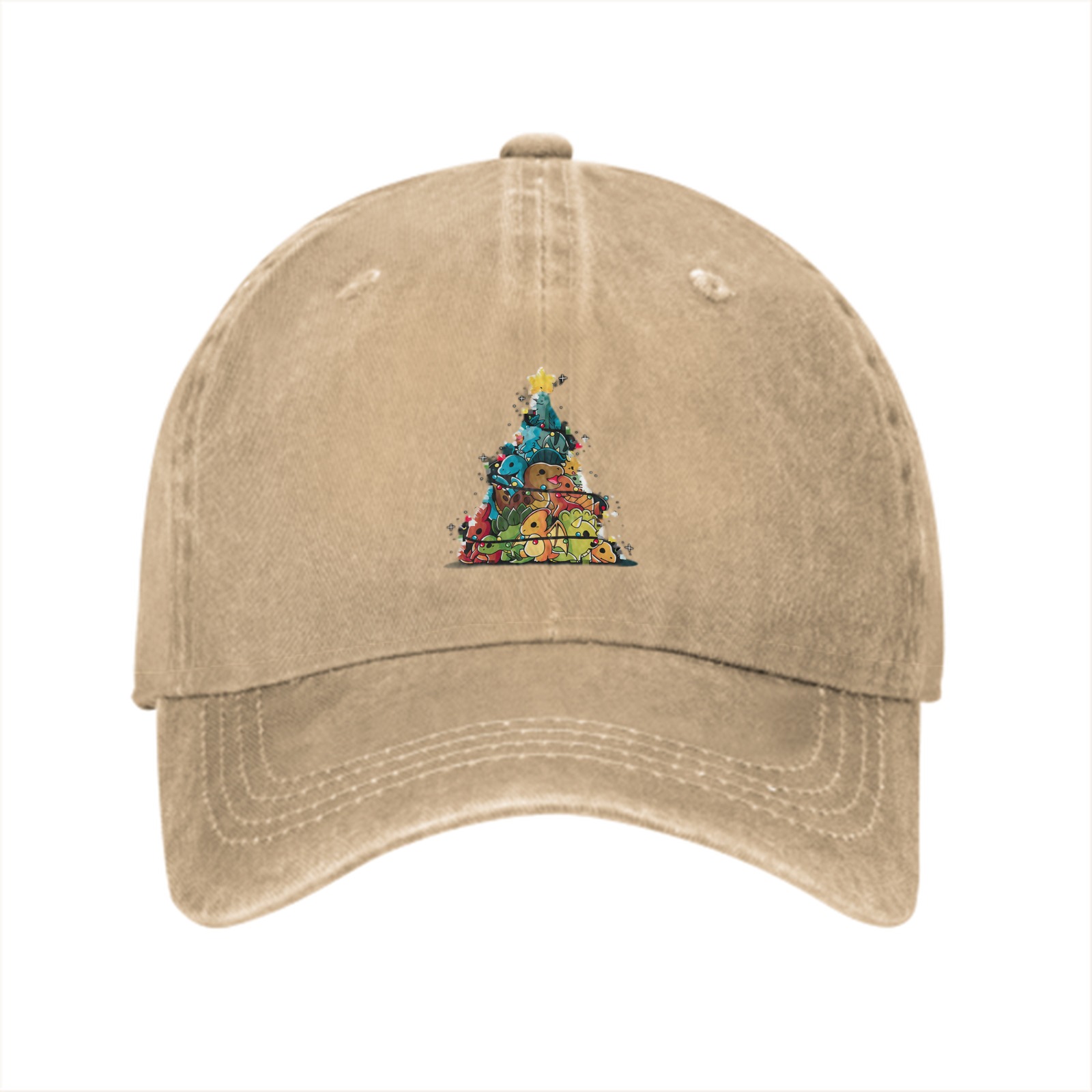 Washed Black Baseball Cap With Dinosaur Christmas Tree Print