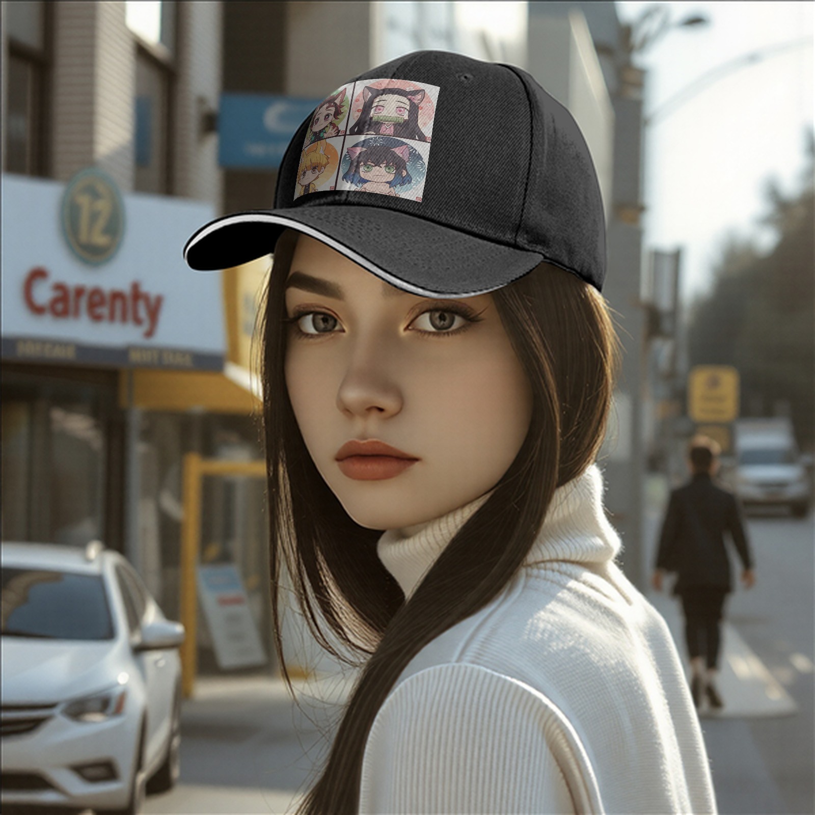 Black Baseball Cap with Demon Slayer Chibi Nekomimi/Inumimi Character Print (Tanjiro, Nezuko, Zenitsu, Inosuke)