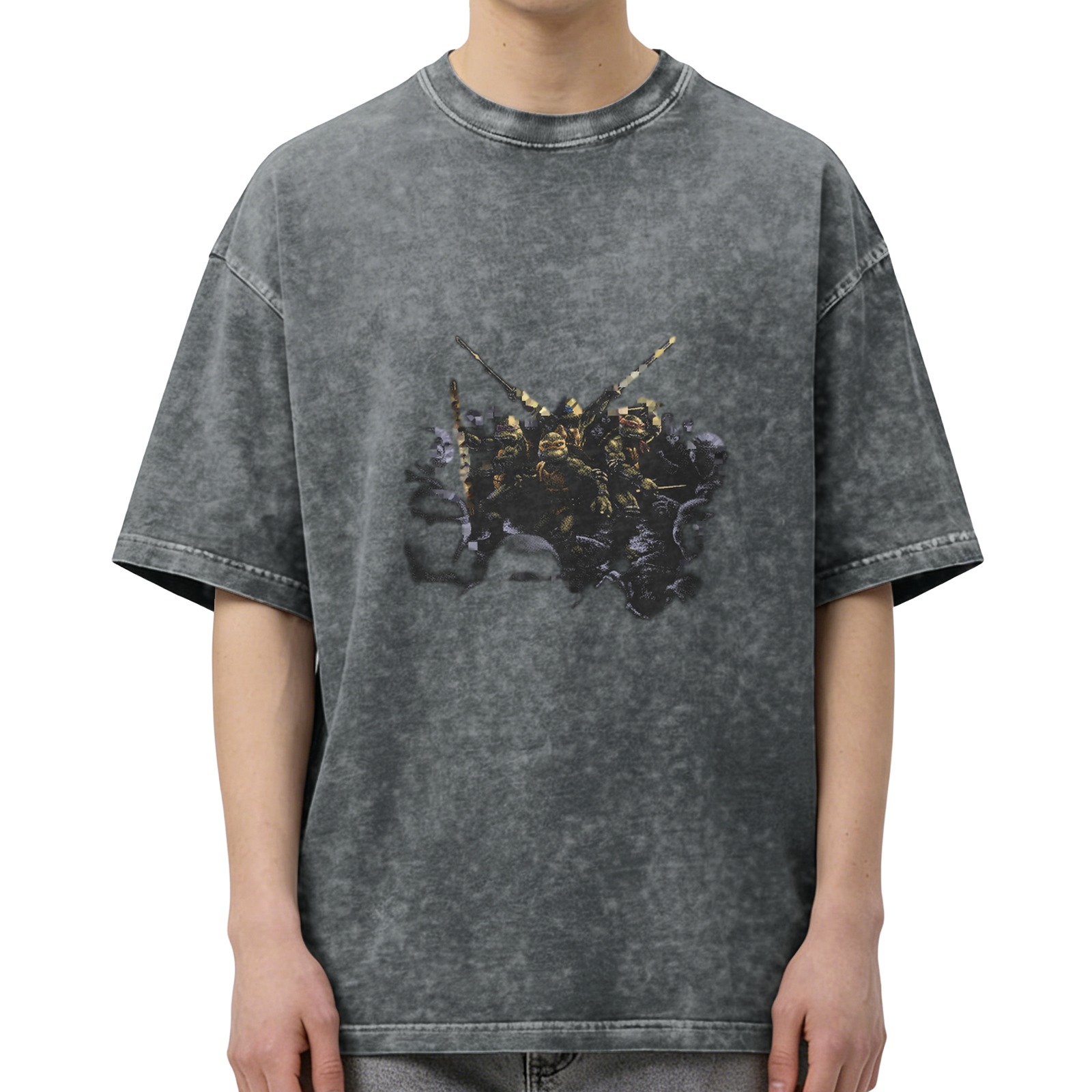 Washed Black Oversized T-Shirt With Ninja Turtles Graphic Print