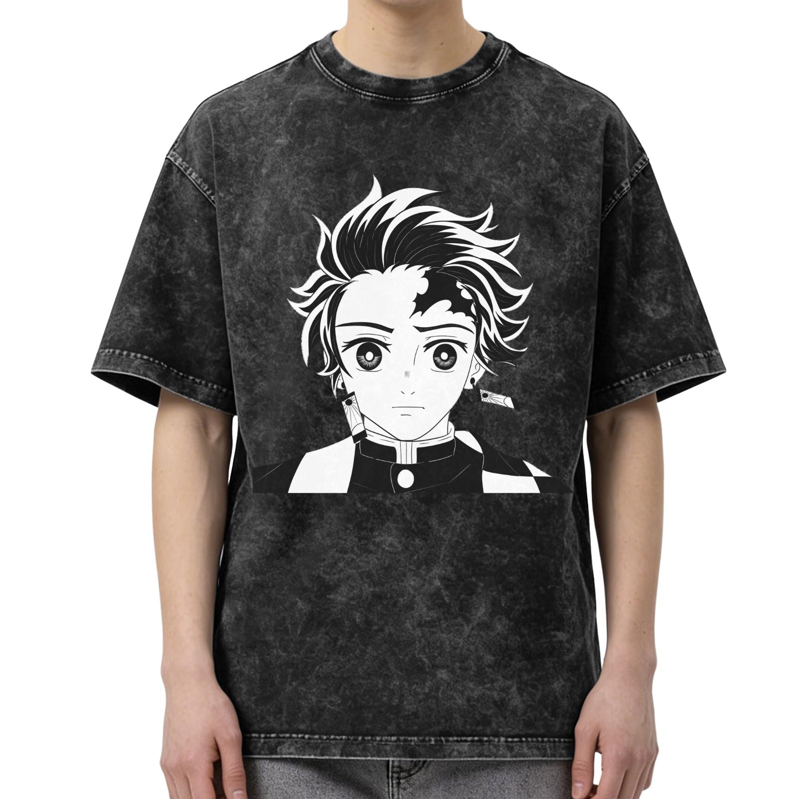 Oversized Vintage Wash Anime Graphic T-Shirt, Demon Slayer Tanjiro Design