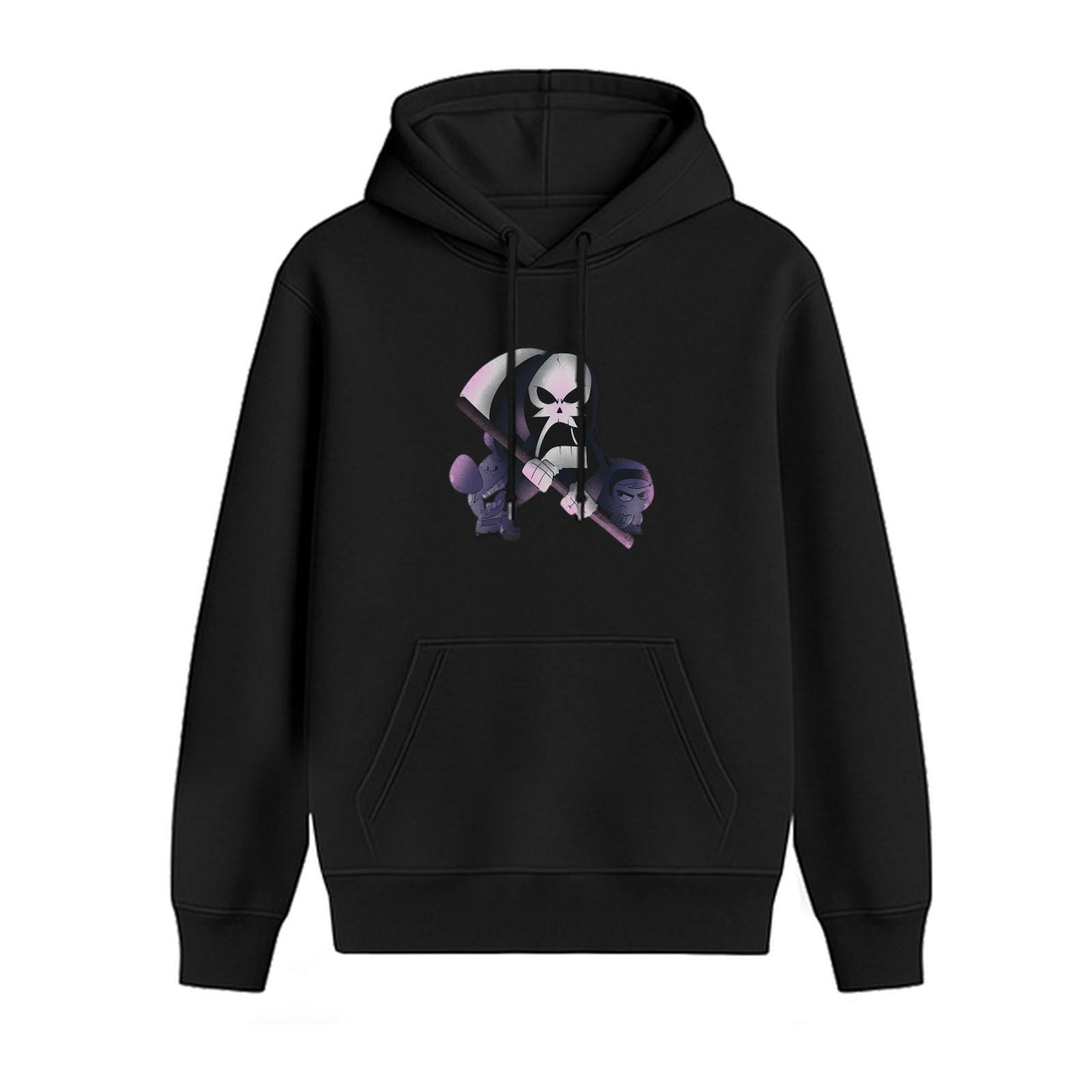 Black hoodie with cartoon grim reaper graphic print