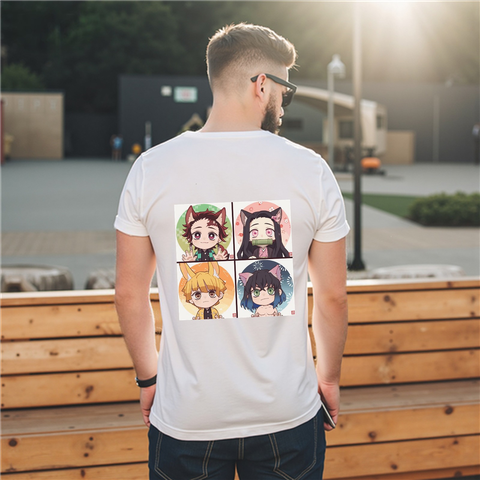 White T-shirt with Chibi Demon Slayer Characters (Tanjiro, Nezuko, Zenitsu, Inosuke) with Animal Ears Print on Back
