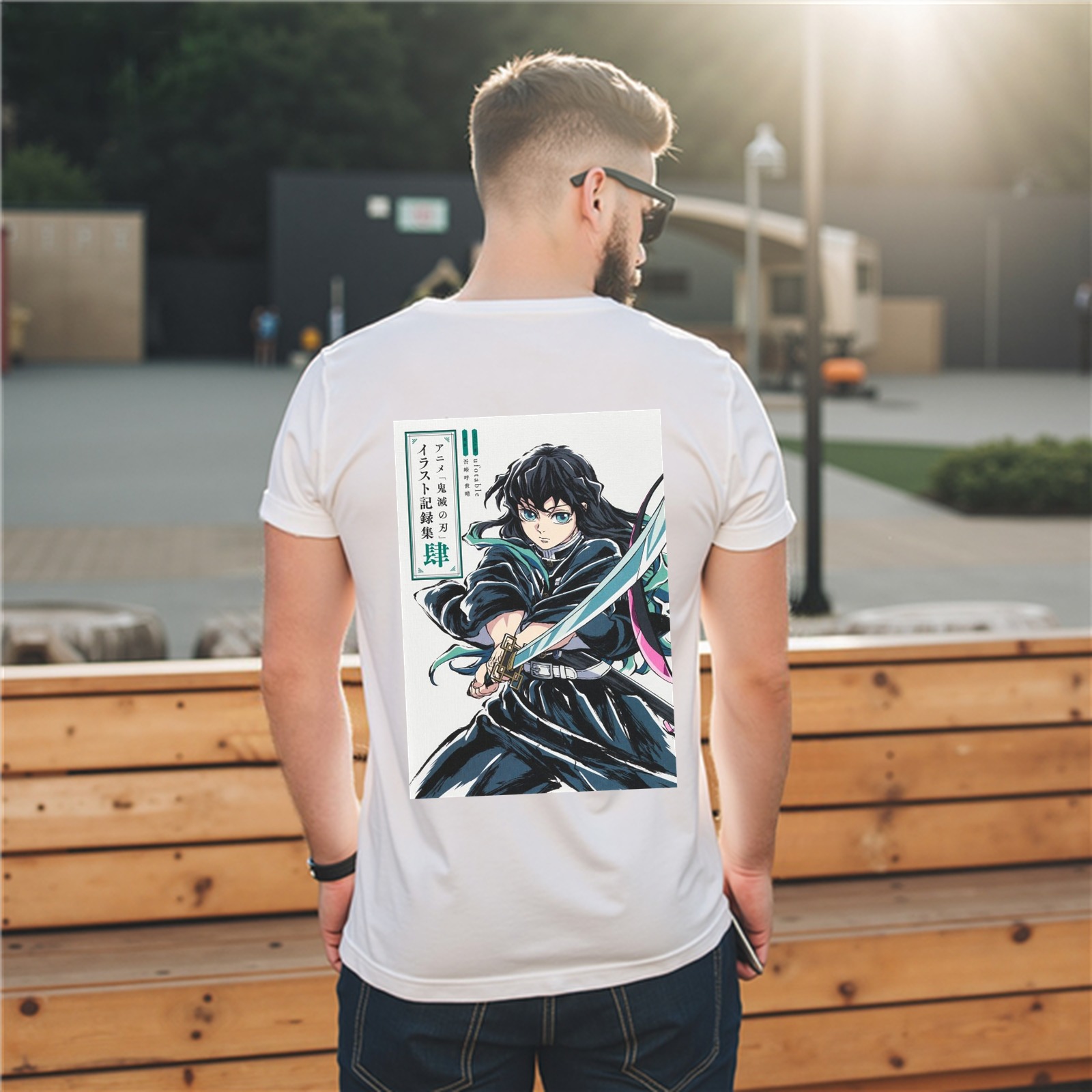 White T-shirt with Demon Slayer Muichiro Tokito Anime Graphic Print on Back