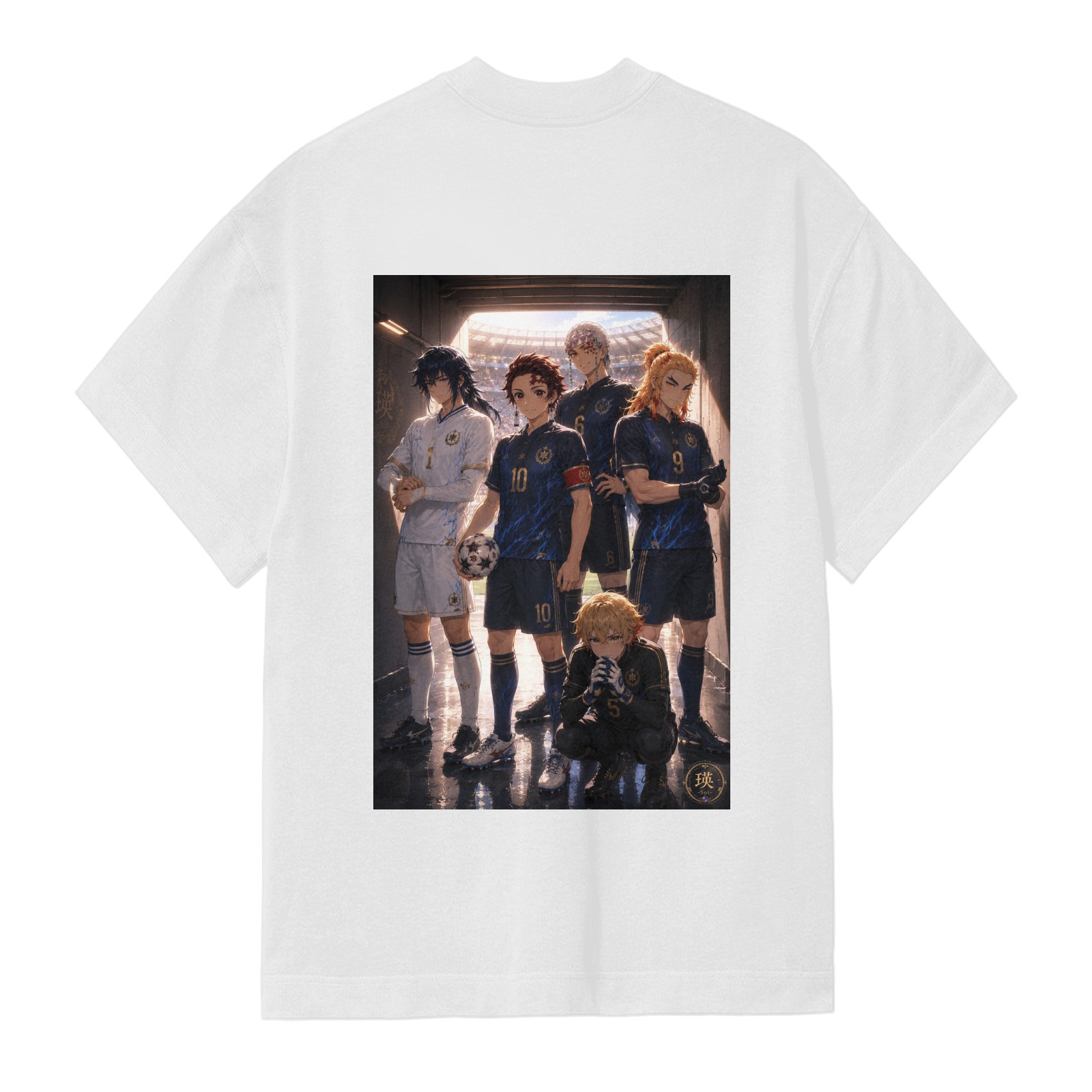 Men's White T-Shirt with Demon Slayer Anime Soccer Team Graphic Print on Back