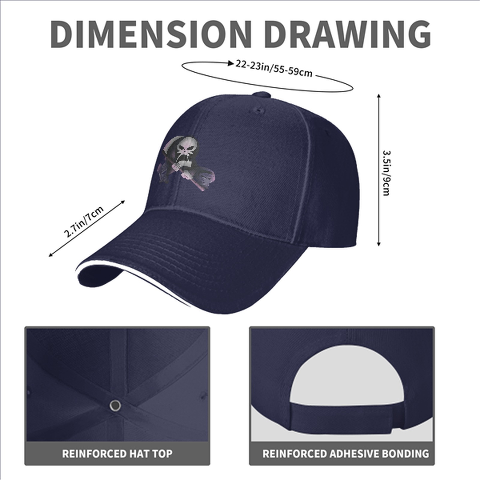 Black Baseball Cap With Grim Reaper Graphic Print