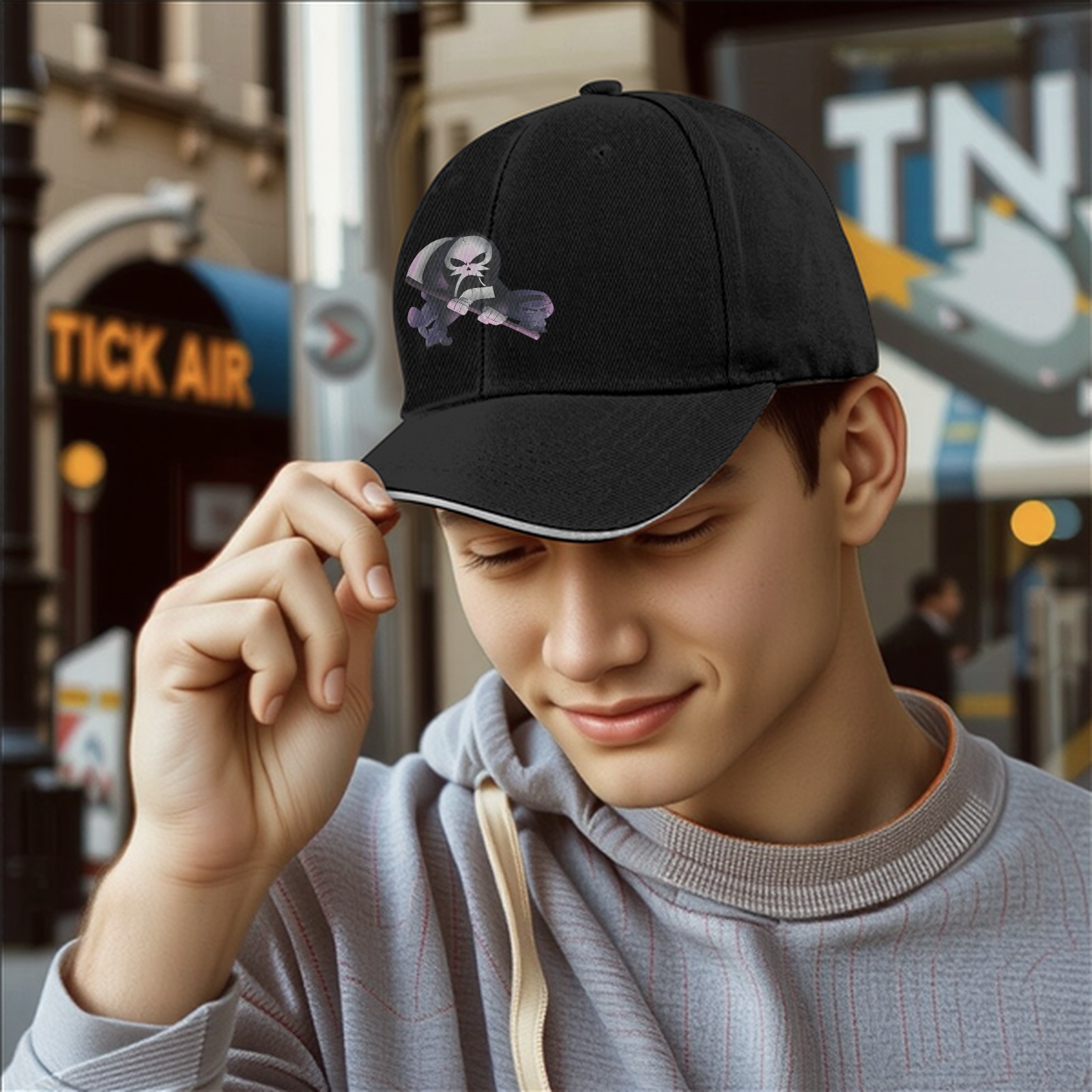 Black Baseball Cap With Grim Reaper Graphic Print