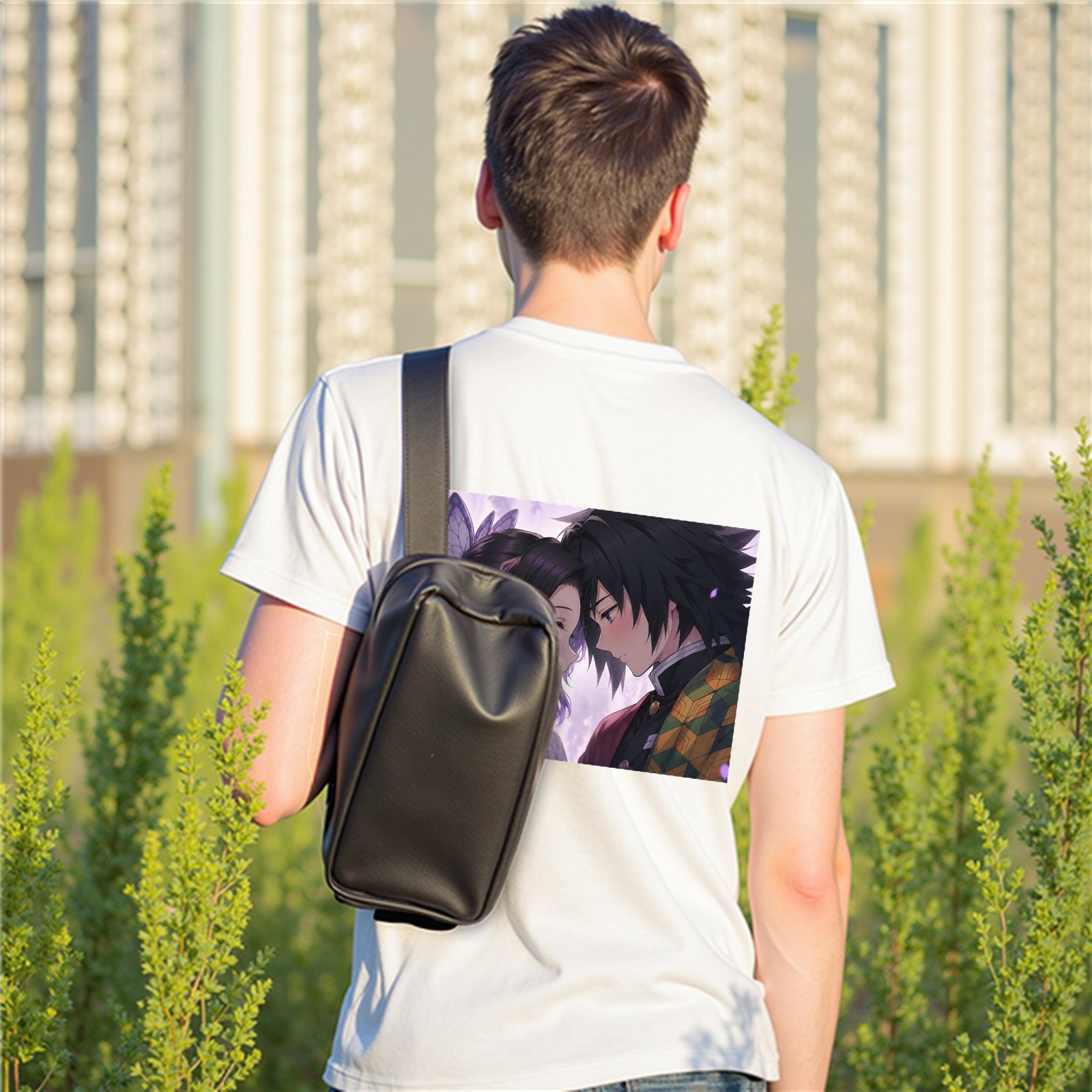 White T-shirt with Demon Slayer Shinobu Kochou and Giyuu Tomioka Anime Print on Back