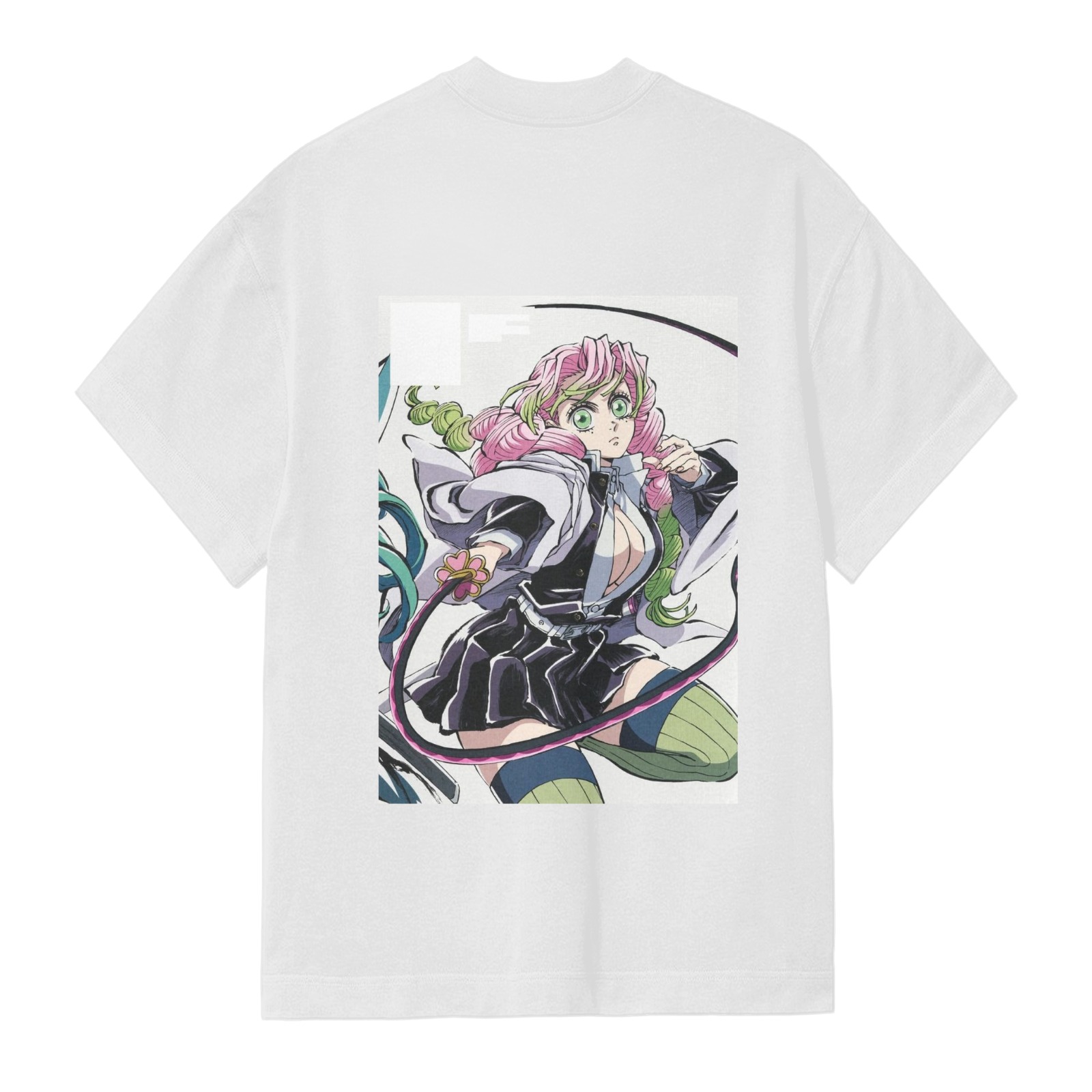 Men's White Short Sleeve T-Shirt with Demon Slayer Mitsuri Kanroji Anime Print on Back