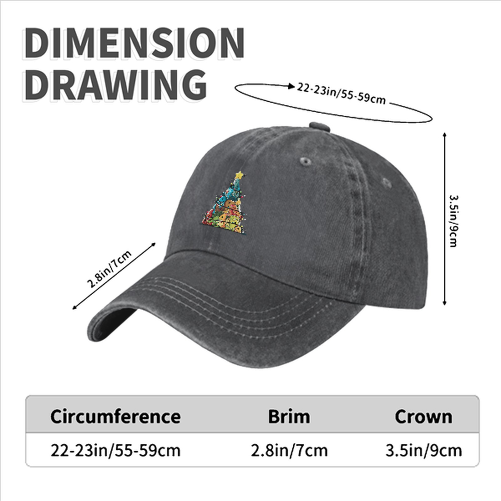 Washed Black Baseball Cap With Dinosaur Christmas Tree Print