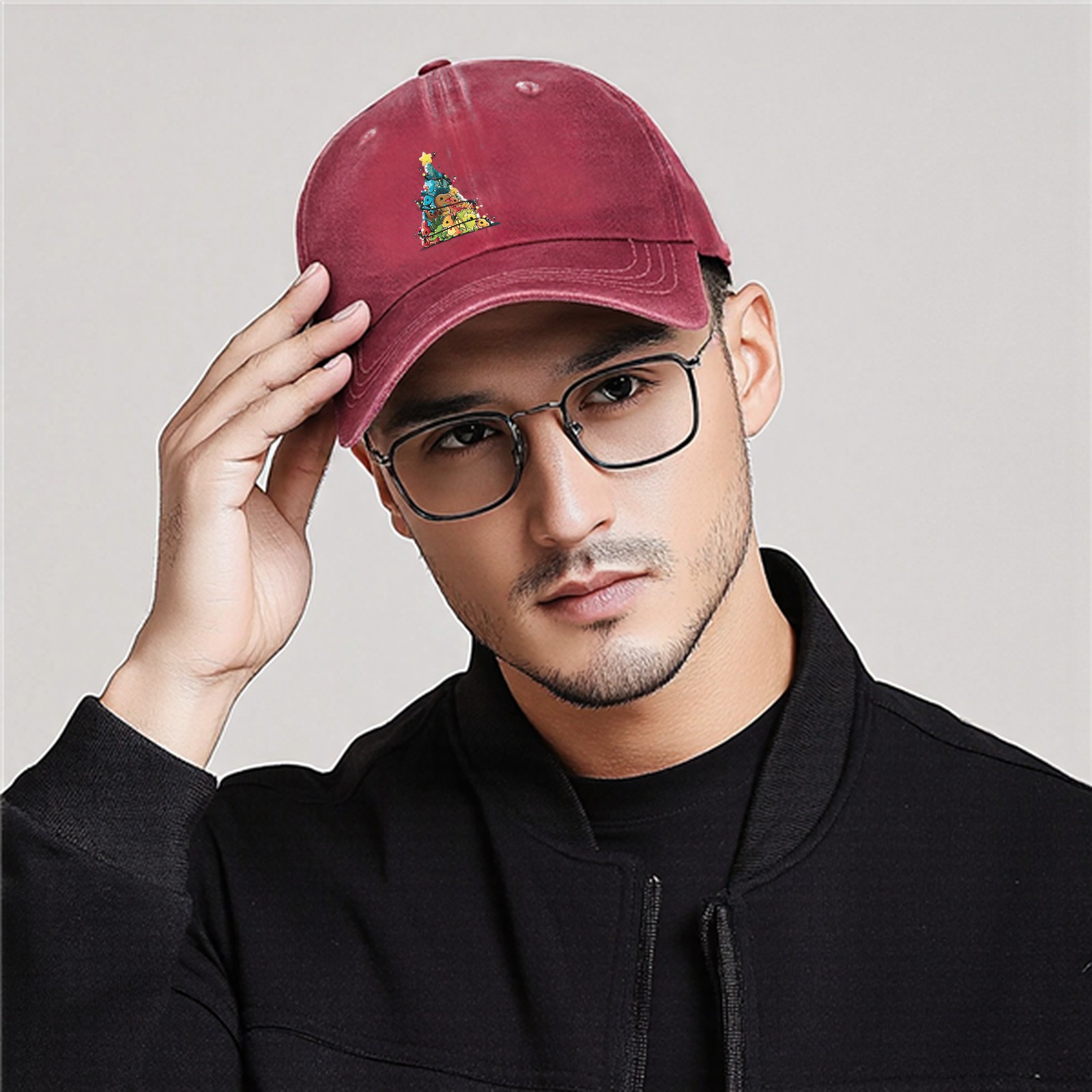 Washed Black Baseball Cap With Dinosaur Christmas Tree Print