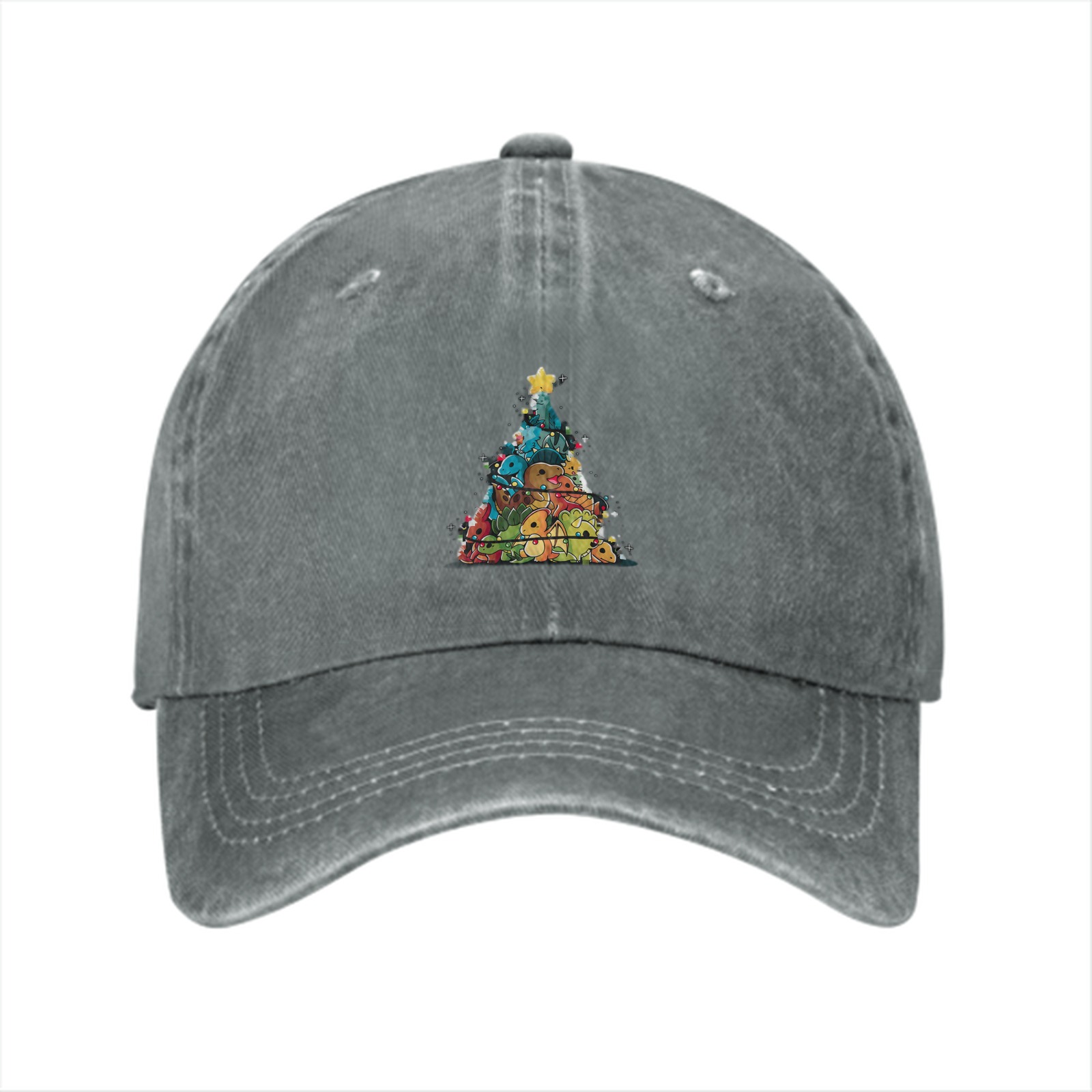 Washed Black Baseball Cap With Dinosaur Christmas Tree Print