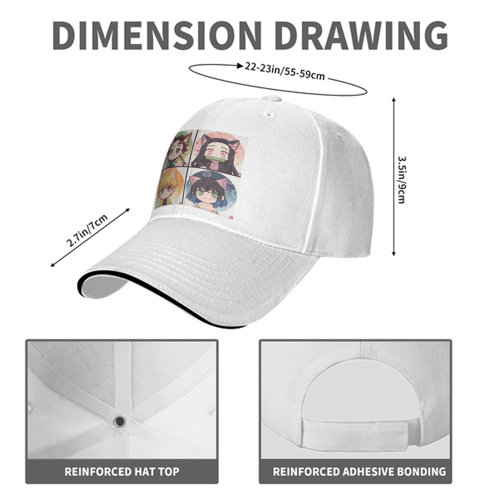 Black Baseball Cap with Demon Slayer Chibi Nekomimi/Inumimi Character Print (Tanjiro, Nezuko, Zenitsu, Inosuke)