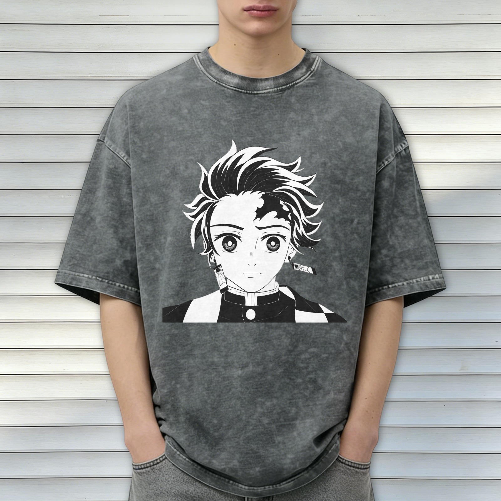 Oversized Vintage Wash Anime Graphic T-Shirt, Demon Slayer Tanjiro Design