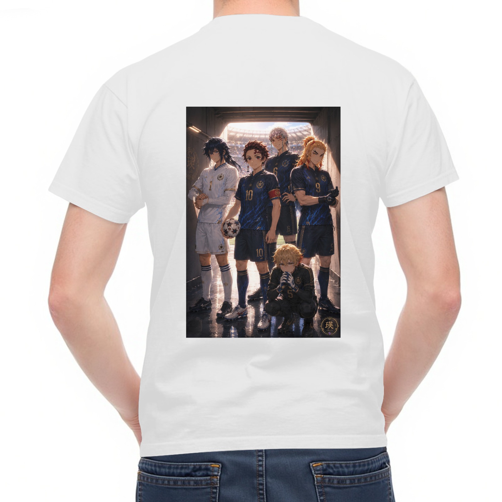 Men's White T-Shirt with Demon Slayer Anime Soccer Team Graphic Print on Back