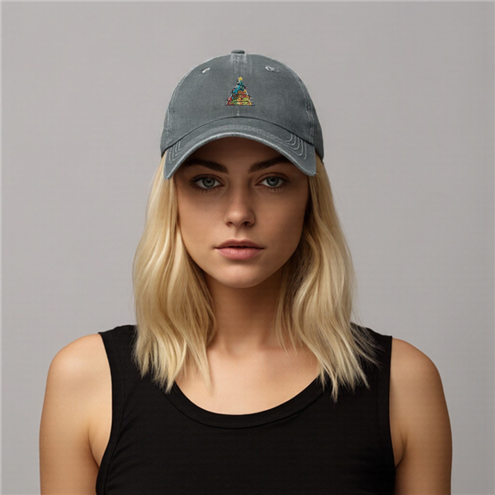 Washed Black Baseball Cap With Dinosaur Christmas Tree Print