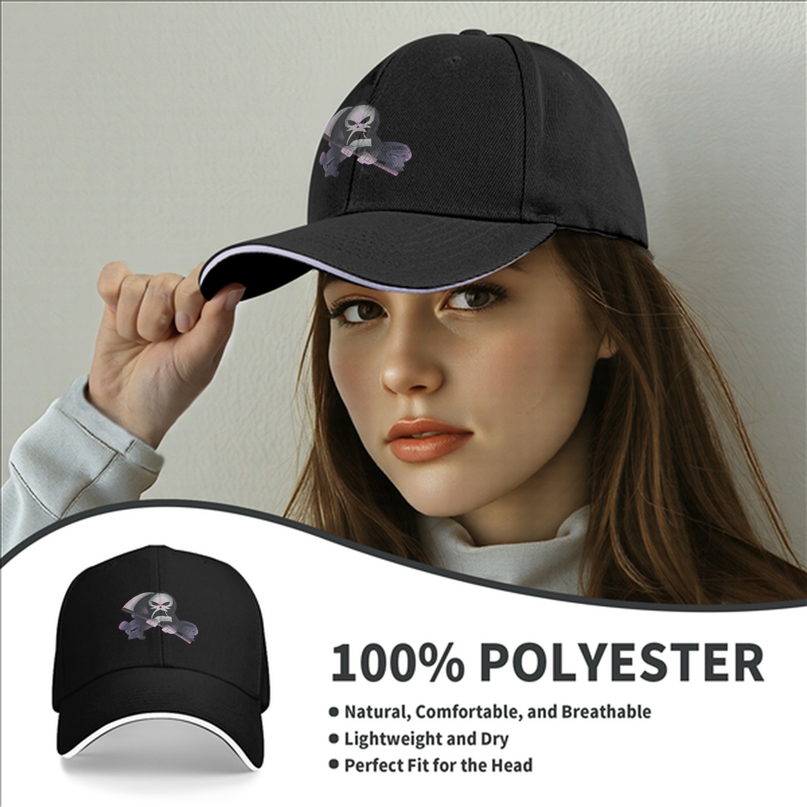 Black Baseball Cap With Grim Reaper Graphic Print