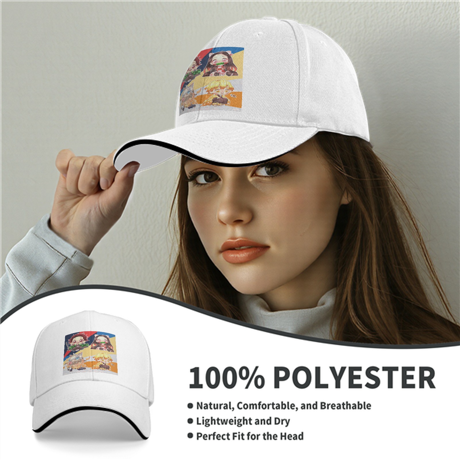 Black Baseball Cap with Chibi Demon Slayer Characters Print